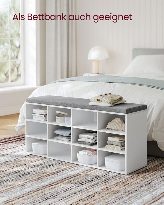 AUSLAUF VASAGLE | Shoe Bench with Cushion, Storage Bench with Padded Seat, Entryway Bench with 12 Compartments, Adjustable Shelves, for Bedroom, 11.9 x 40.9 x 18.9 Inches, weiß und Gray LHS012W14