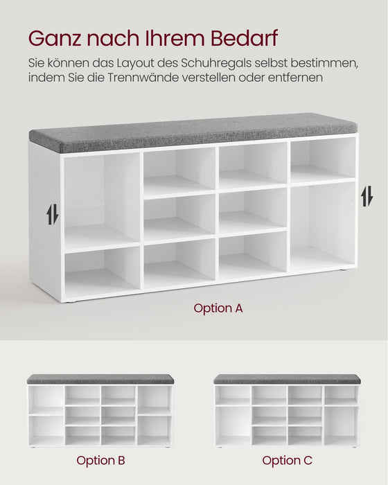 AUSLAUF VASAGLE | Shoe Bench with Cushion, Storage Bench with Padded Seat, Entryway Bench with 12 Compartments, Adjustable Shelves, for Bedroom, 11.9 x 40.9 x 18.9 Inches, weiß und Gray LHS012W14