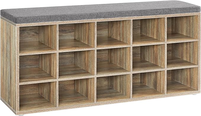 AUSLAUF VASAGLE | Shoe Rack, Shoe Bench with Seat, Shoe Cabinet with Cushion, 15 Open Storage Compartments, 30 x 105 x 48 cm, for Hallway Bedroom Living Room Entryway, Oak with Blue Grains und grau LHS015T60