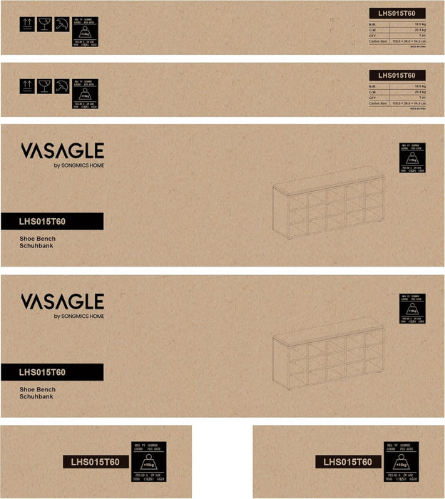 AUSLAUF VASAGLE | Shoe Rack, Shoe Bench with Seat, Shoe Cabinet with Cushion, 15 Open Storage Compartments, 30 x 105 x 48 cm, for Hallway Bedroom Living Room Entryway, Oak with Blue Grains und grau LHS015T60