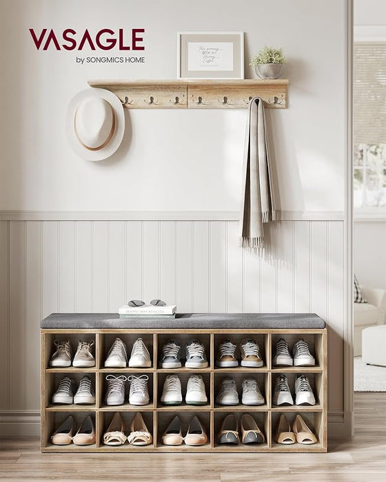 AUSLAUF VASAGLE | Shoe Rack, Shoe Bench with Seat, Shoe Cabinet with Cushion, 15 Open Storage Compartments, 30 x 105 x 48 cm, for Hallway Bedroom Living Room Entryway, Oak with Blue Grains und grau LHS015T60