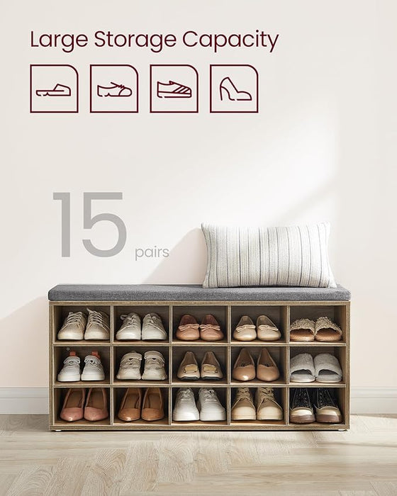 AUSLAUF VASAGLE | Shoe Rack, Shoe Bench with Seat, Shoe Cabinet with Cushion, 15 Open Storage Compartments, 30 x 105 x 48 cm, for Hallway Bedroom Living Room Entryway, Oak with Blue Grains und grau LHS015T60