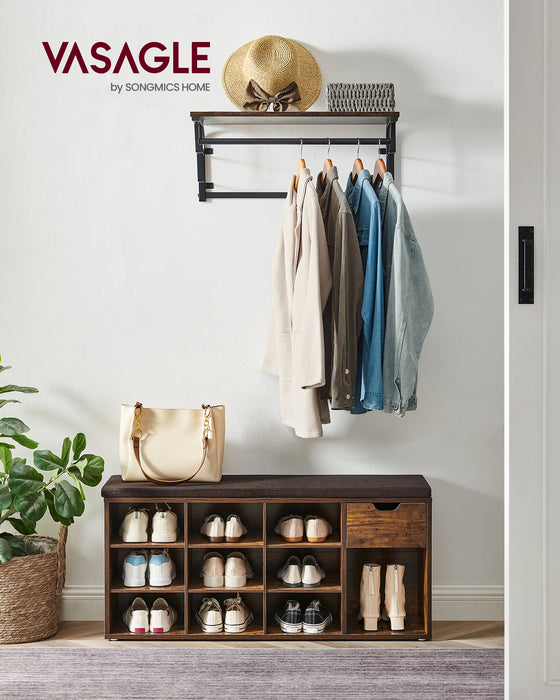 AUSLAUF VASAGLE | Shoe Bench Shoe Rack with Drawer und Open Compartments Bench Padded Seat Hallway Bedroom und Entrance Area 30 x 104 x 48 cm Vintage Brown-Brown LHS024T01