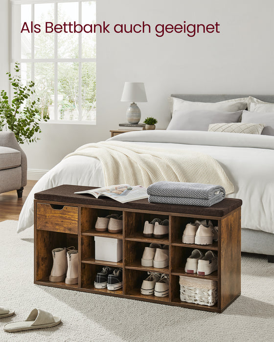 AUSLAUF VASAGLE | Shoe Bench Shoe Rack with Drawer und Open Compartments Bench Padded Seat Hallway Bedroom und Entrance Area 30 x 104 x 48 cm Vintage Brown-Brown LHS024T01