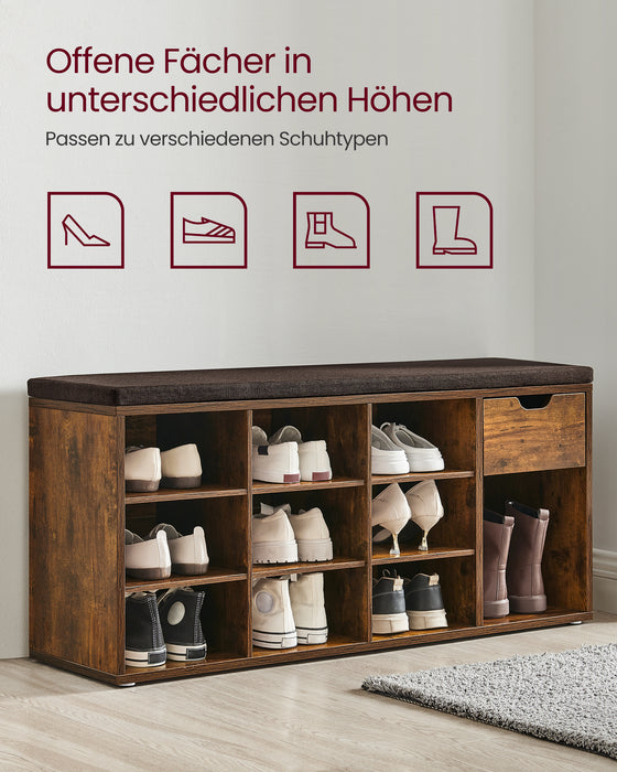 AUSLAUF VASAGLE | Shoe Bench Shoe Rack with Drawer und Open Compartments Bench Padded Seat Hallway Bedroom und Entrance Area 30 x 104 x 48 cm Vintage Brown-Brown LHS024T01