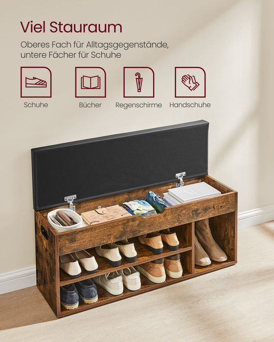 AUSLAUF VASAGLE | Shoe Bench with Cushion, Storage Bench with Padded Seat, 3 Compartments, versteckt Storage, Shelves, Living Room Lounge Hallway Bedroom, Load Capacity 150 kg, rustikal braun