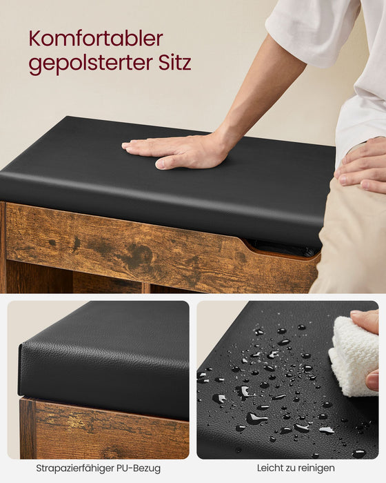 AUSLAUF VASAGLE | Shoe Bench with Cushion, Storage Bench with Padded Seat, 3 Compartments, versteckt Storage, Shelves, Living Room Lounge Hallway Bedroom, Load Capacity 150 kg, rustikal braun