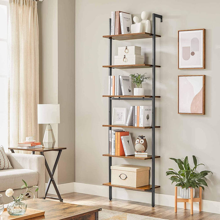 AUSLAUF VASAGLE | Ladder Shelf, 6-Tier Bookshelf, Wall Shelf for Living Room, Office, Kitchen, Bedroom, 60 x 30 x 204.8 cm, Industrial, rustikal braun und Black LLS103B01