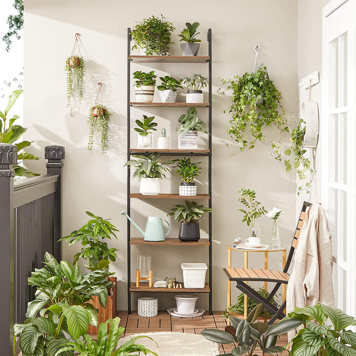 AUSLAUF VASAGLE | Ladder Shelf, 6-Tier Bookshelf, Wall Shelf for Living Room, Office, Kitchen, Bedroom, 60 x 30 x 204.8 cm, Industrial, rustikal braun und Black LLS103B01