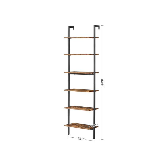 AUSLAUF VASAGLE | Ladder Shelf, 6-Tier Bookshelf, Wall Shelf for Living Room, Office, Kitchen, Bedroom, 60 x 30 x 204.8 cm, Industrial, rustikal braun und Black LLS103B01