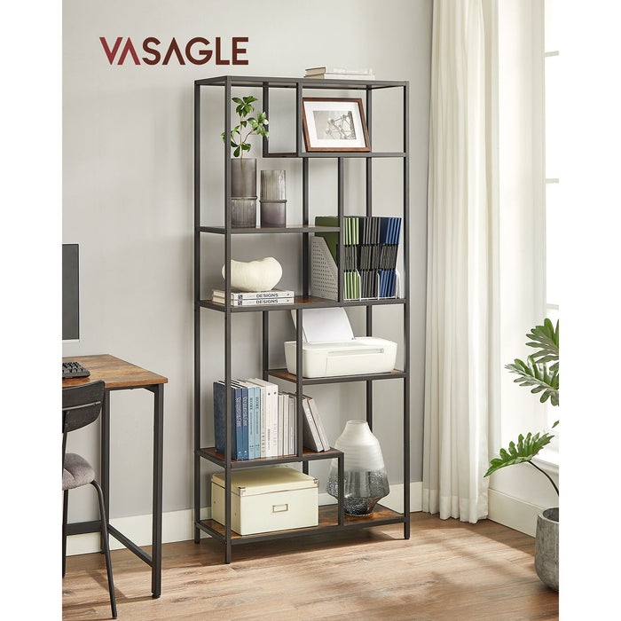 AUSLAUF VASAGLE | Bookshelf, 6-Tier Bookcase, Geometric Display Shelf, Standing Storage Shelf, 30 x 80 x 180 cm, for Study, Office, Living Room, Bedroom, Kitchen, rustikal braun und Black LLS119B01