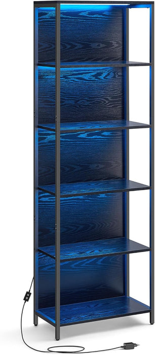 AUSLAUF VASAGLE | 6 Tier Bookcase with Adjustable LED Lighting, Shelf with Steel Frame, 30.3 x 60 x 178.6 cm, for Living Room, Bedroom, Study Ebony Black LLS120B57