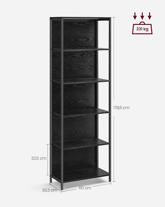 AUSLAUF VASAGLE | 6 Tier Bookcase with Adjustable LED Lighting, Shelf with Steel Frame, 30.3 x 60 x 178.6 cm, for Living Room, Bedroom, Study Ebony Black LLS120B57