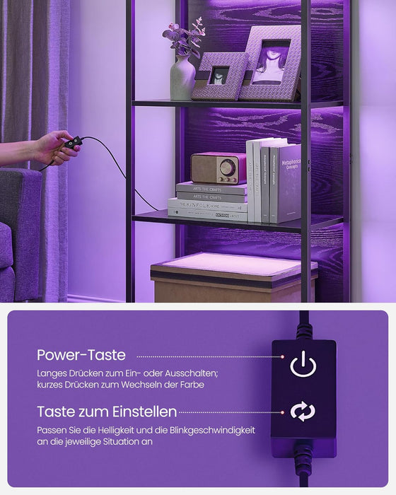 AUSLAUF VASAGLE | 6 Tier Bookcase with Adjustable LED Lighting, Shelf with Steel Frame, 30.3 x 60 x 178.6 cm, for Living Room, Bedroom, Study Ebony Black LLS120B57