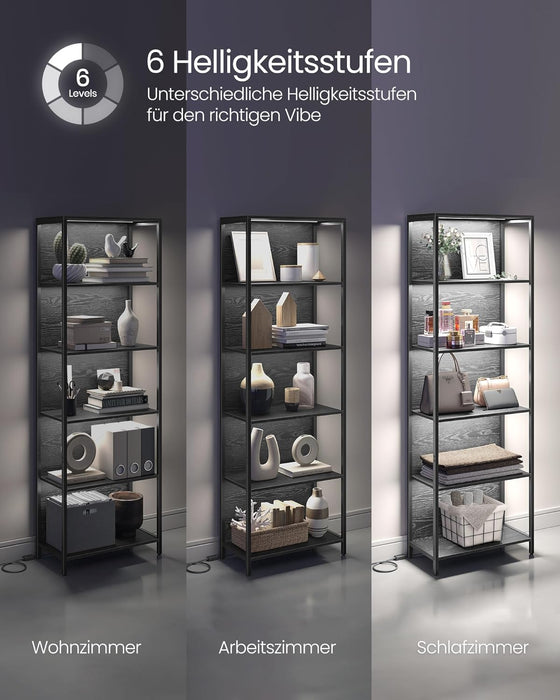 AUSLAUF VASAGLE | 6 Tier Bookcase with Adjustable LED Lighting, Shelf with Steel Frame, 30.3 x 60 x 178.6 cm, for Living Room, Bedroom, Study Ebony Black LLS120B57