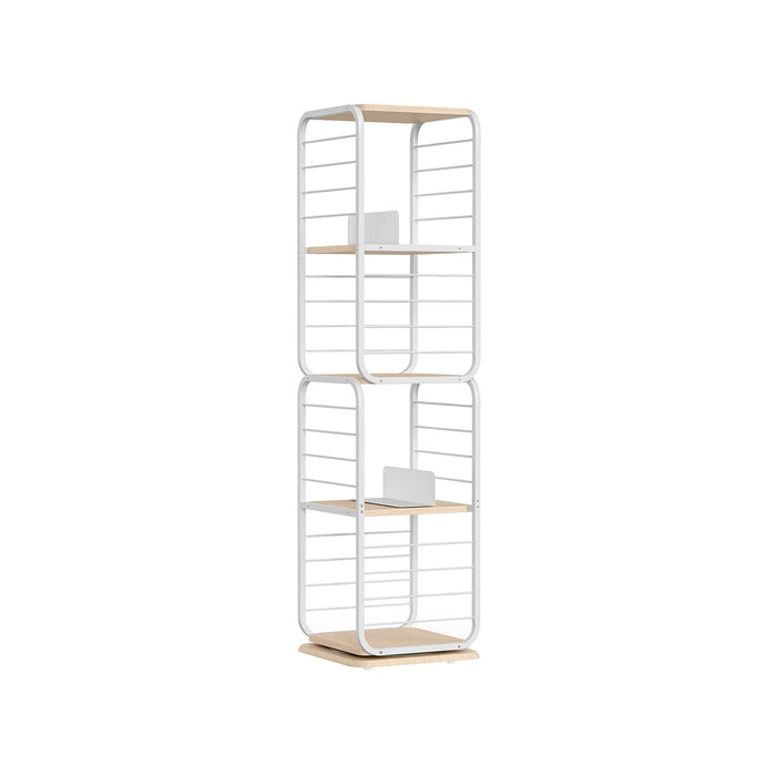 AUSLAUF VASAGLE | 4-Tier Bookshelf, Rotating Bookcase with Bookends for Small Spaces, Corner Shelf, Steel Frame, Natural Beige und Cloud weiß LLS127W67