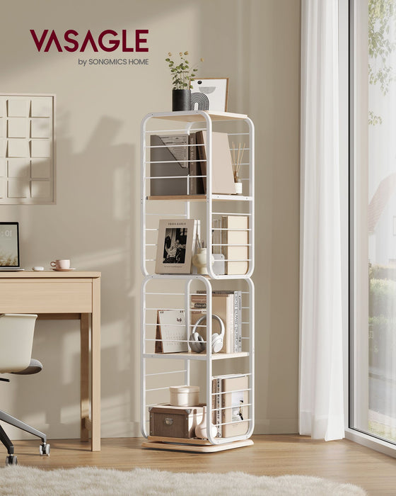AUSLAUF VASAGLE | 4-Tier Bookshelf, Rotating Bookcase with Bookends for Small Spaces, Corner Shelf, Steel Frame, Natural Beige und Cloud weiß LLS127W67