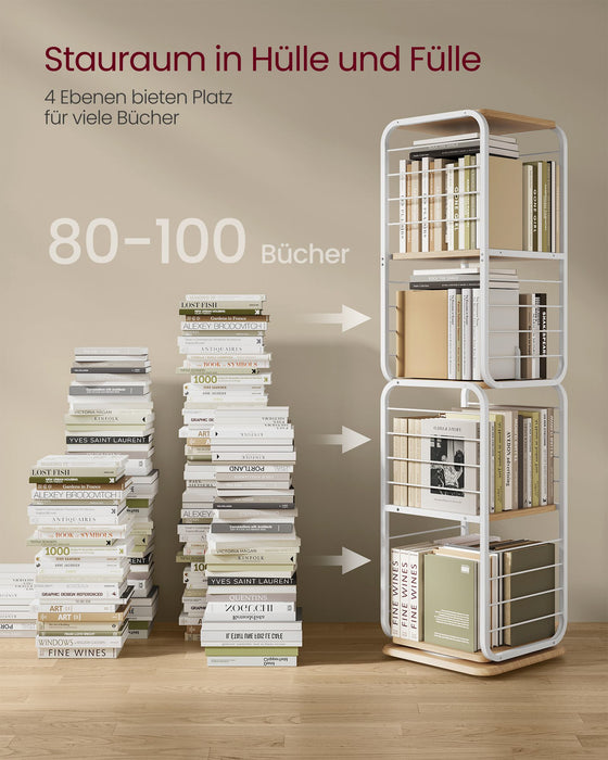 AUSLAUF VASAGLE | 4-Tier Bookshelf, Rotating Bookcase with Bookends for Small Spaces, Corner Shelf, Steel Frame, Natural Beige und Cloud weiß LLS127W67