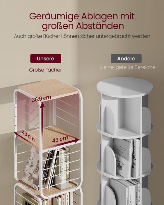 AUSLAUF VASAGLE | 4-Tier Bookshelf, Rotating Bookcase with Bookends for Small Spaces, Corner Shelf, Steel Frame, Natural Beige und Cloud weiß LLS127W67