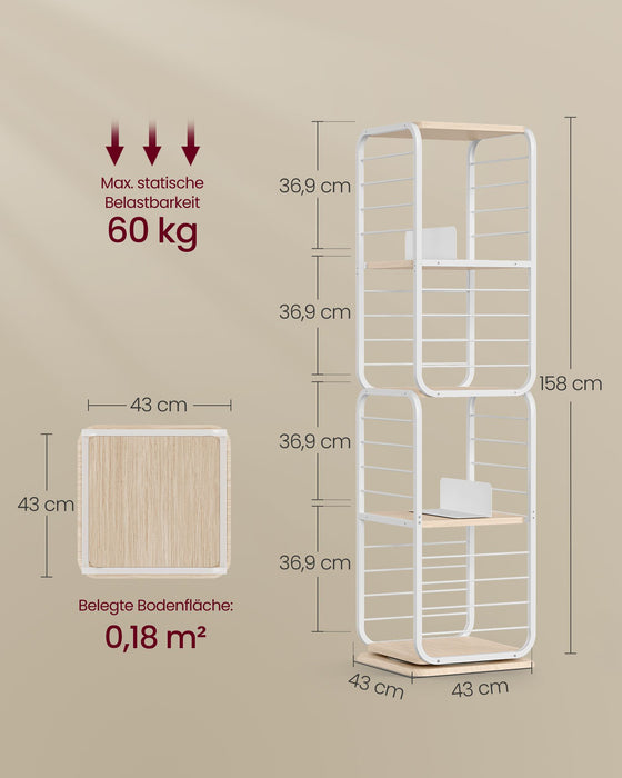 AUSLAUF VASAGLE | 4-Tier Bookshelf, Rotating Bookcase with Bookends for Small Spaces, Corner Shelf, Steel Frame, Natural Beige und Cloud weiß LLS127W67