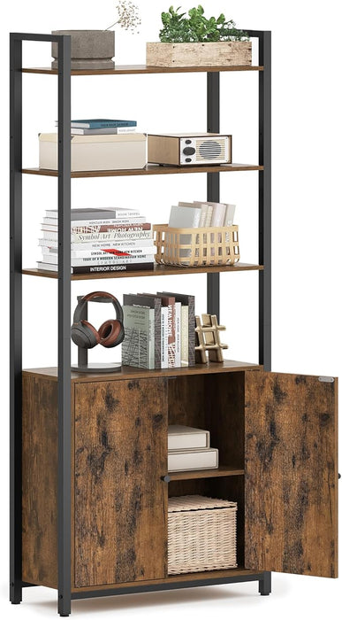 AUSLAUF VASAGLE | 6-Tier Bookcase, Tall Bookshelf with Door, Metal Frame, Adjustable Shelves, 24 x 60 x 159.5 cm, Living Room Bedroom, rustikal braun und Ink Black LLS133K01