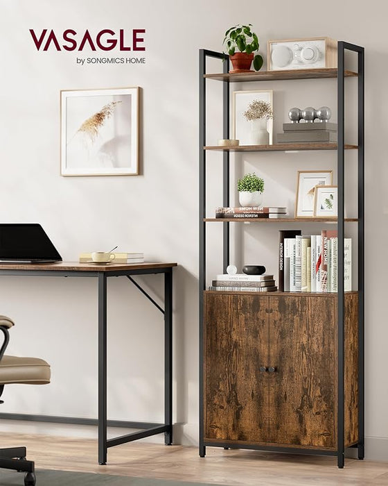 AUSLAUF VASAGLE | 6-Tier Bookcase, Tall Bookshelf with Door, Metal Frame, Adjustable Shelves, 24 x 60 x 159.5 cm, Living Room Bedroom, rustikal braun und Ink Black LLS133K01