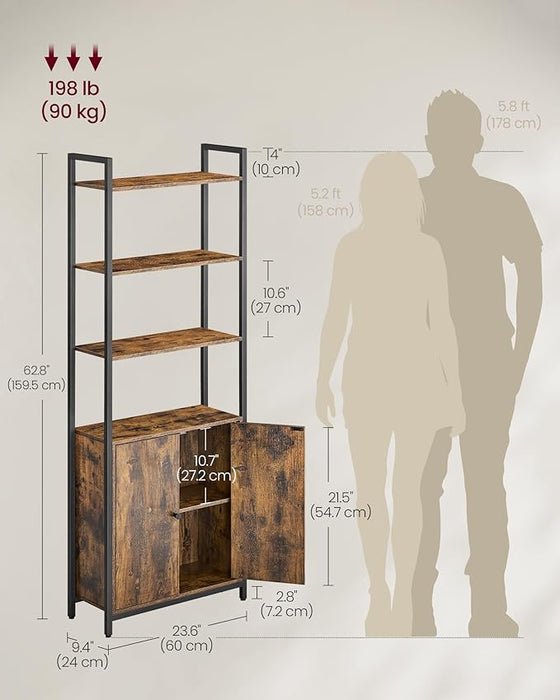 AUSLAUF VASAGLE | 6-Tier Bookcase, Tall Bookshelf with Door, Metal Frame, Adjustable Shelves, 24 x 60 x 159.5 cm, Living Room Bedroom, rustikal braun und Ink Black LLS133K01