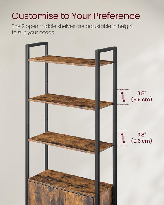 AUSLAUF VASAGLE | 6-Tier Bookcase, Tall Bookshelf with Door, Metal Frame, Adjustable Shelves, 24 x 60 x 159.5 cm, Living Room Bedroom, rustikal braun und Ink Black LLS133K01