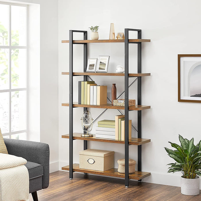 AUSLAUF VASAGLE | Bookshelf, 5-Tier Industrial Stable Bookcase, Storage Rack, Standing Shelf, Easy Assembly, Living Room, Bedroom, Office, rustikal braun und Black LLS55BX