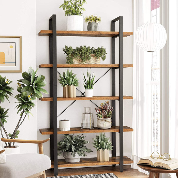 AUSLAUF VASAGLE | Bookshelf, 5-Tier Industrial Stable Bookcase, Storage Rack, Standing Shelf, Easy Assembly, Living Room, Bedroom, Office, rustikal braun und Black LLS55BX