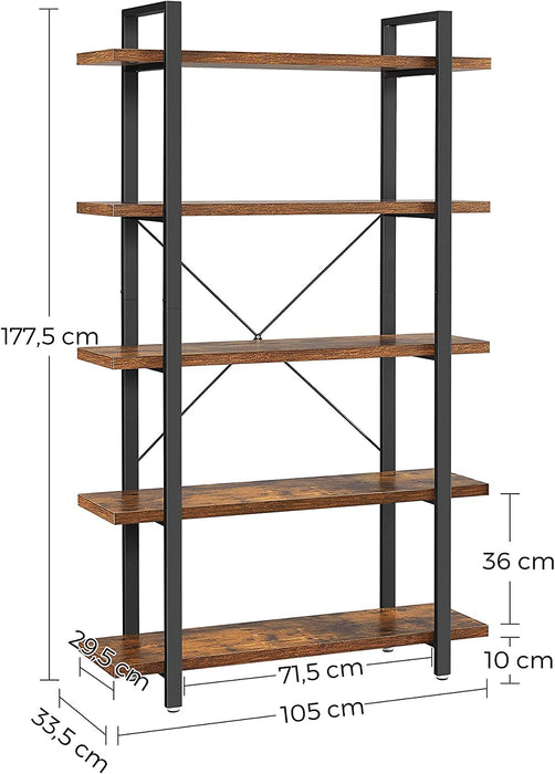 AUSLAUF VASAGLE | Bookshelf, 5-Tier Industrial Stable Bookcase, Storage Rack, Standing Shelf, Easy Assembly, Living Room, Bedroom, Office, rustikal braun und Black LLS55BX
