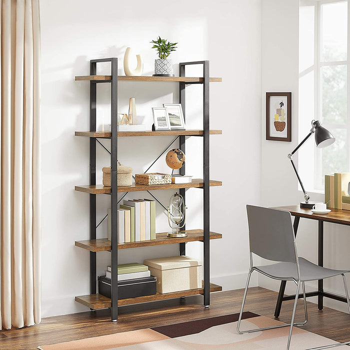 AUSLAUF VASAGLE | Bookshelf, 5-Tier Industrial Stable Bookcase, Storage Rack, Standing Shelf, Easy Assembly, Living Room, Bedroom, Office, rustikal braun und Black LLS55BX