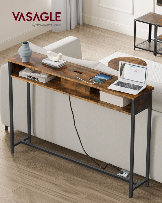 AUSLAUF VASAGLE | Slim Console Table with Power Strip, Sofa Table with 2 Compartments, versteckt Loading, Space Saving, 25 x 120 x 81 cm, for Entryway, Living Room, rustikal braun und Ink Black LNT111K01