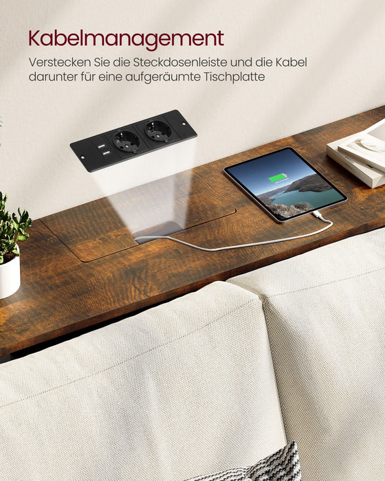 AUSLAUF VASAGLE | Slim Console Table with Power Strip, Sofa Table with 2 Compartments, versteckt Loading, Space Saving, 25 x 120 x 81 cm, for Entryway, Living Room, rustikal braun und Ink Black LNT111K01