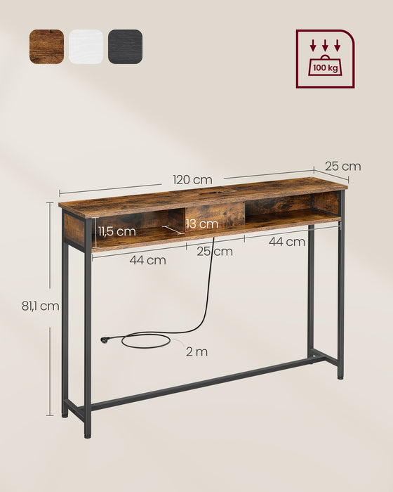 AUSLAUF VASAGLE | Slim Console Table with Power Strip, Sofa Table with 2 Compartments, versteckt Loading, Space Saving, 25 x 120 x 81 cm, for Entryway, Living Room, rustikal braun und Ink Black LNT111K01