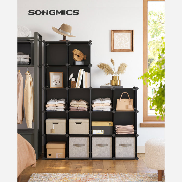 AUSLAUF SONGMICS | 15-Cube Storage Unit, Shoe Rack, DIY Shelving System, Stackable Cubes, PP Plastic Shelf, Wardrobe, Closet Divider, for Bedroom, Office, Black LPC44BK