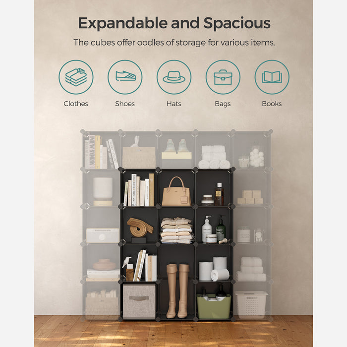 AUSLAUF SONGMICS | 15-Cube Storage Unit, Shoe Rack, DIY Shelving System, Stackable Cubes, PP Plastic Shelf, Wardrobe, Closet Divider, for Bedroom, Office, Black LPC44BK