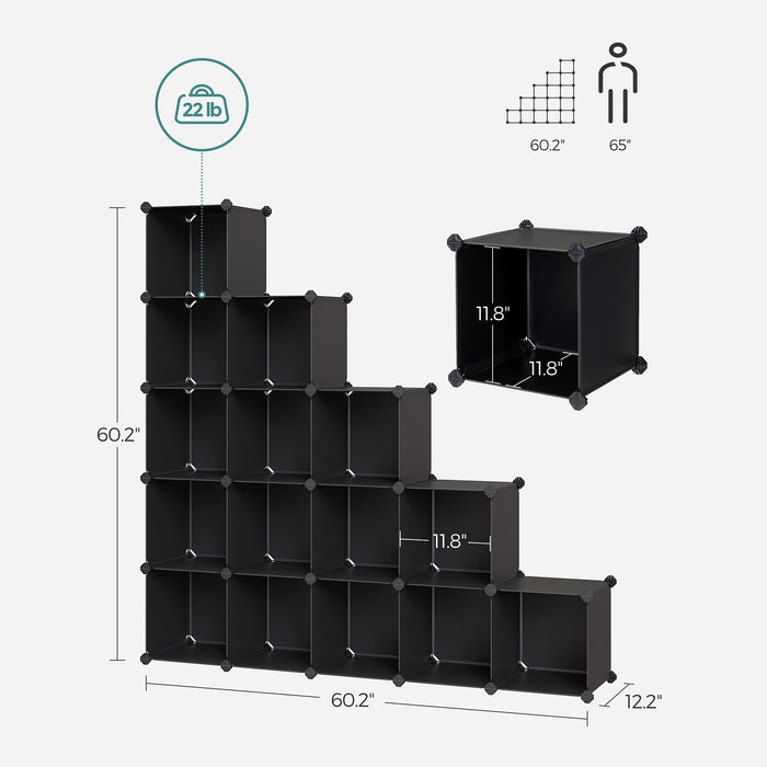 AUSLAUF SONGMICS | 15-Cube Storage Unit, Shoe Rack, DIY Shelving System, Stackable Cubes, PP Plastic Shelf, Wardrobe, Closet Divider, for Bedroom, Office, Black LPC44BK