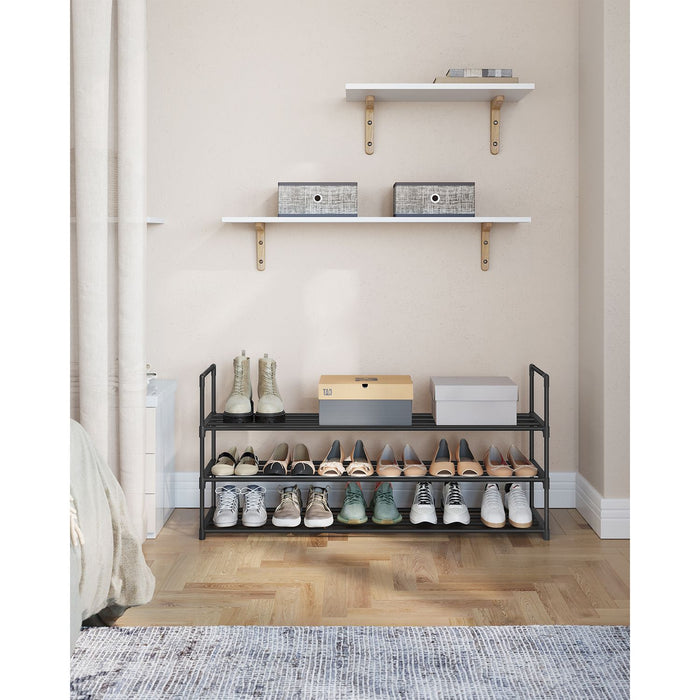 AUSLAUF SONGMICS | 3-Tier Shoe Rack, Shoe Storage Organiser, Metal Storage Rack, Fits 15 to 18 Pairs of Shoes, Stackable Shoe Shelf, for Hallway, Living Room, Bedroom, 116 x 30 x 55 cm, Black LSA033B01