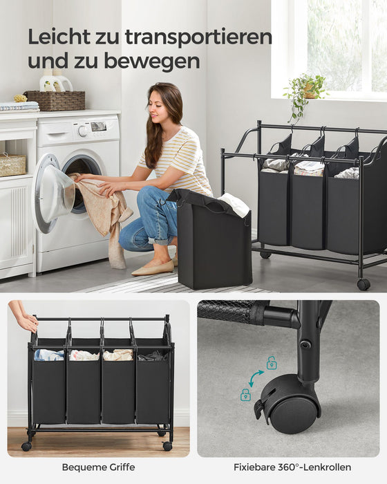 AUSLAUF SONGMICS | Rolling Laundry Sorter, Laundry Basket with 4 Removable Bags, Laundry Hamper, Laundry Trolley, for Laundry Room, Bedroom, Bathroom, 4 x 35L, Black LSF005