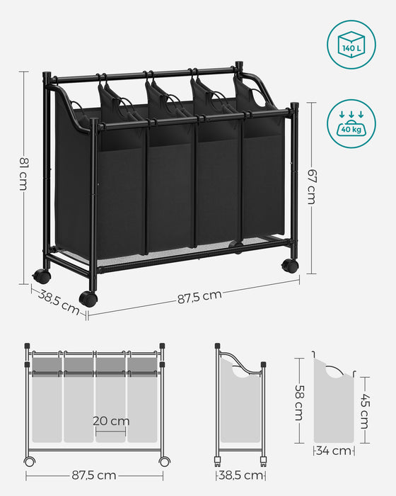 AUSLAUF SONGMICS | Rolling Laundry Sorter, Laundry Basket with 4 Removable Bags, Laundry Hamper, Laundry Trolley, for Laundry Room, Bedroom, Bathroom, 4 x 35L, Black LSF005