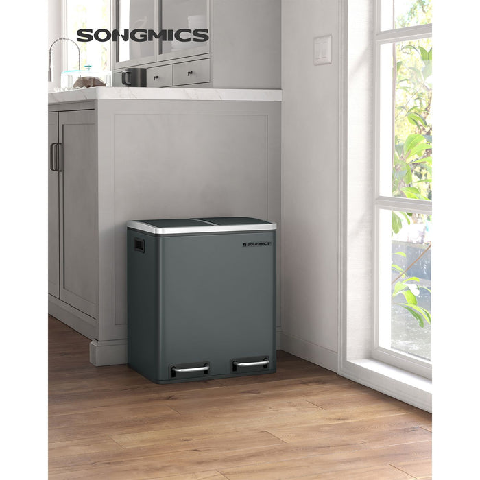 AUSLAUF SONGMICS | Kitchen Bin, 2 x 15 L Steel Rubbish Bin, Step Bin with Inner Buckets und Handles, Soft Closure, Odour Seal, Anthracite grau LTB30GS