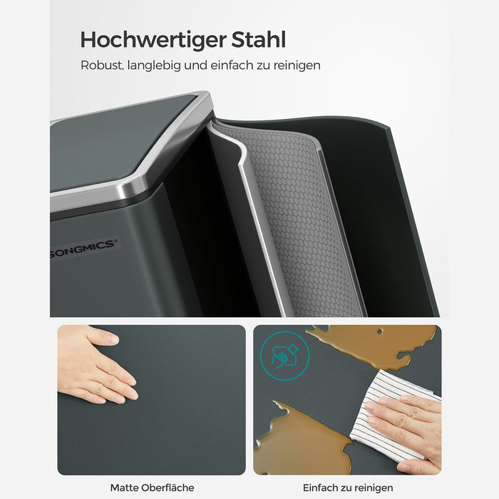 AUSLAUF SONGMICS | Kitchen Bin, 2 x 15 L Steel Rubbish Bin, Step Bin with Inner Buckets und Handles, Soft Closure, Odour Seal, Anthracite grau LTB30GS