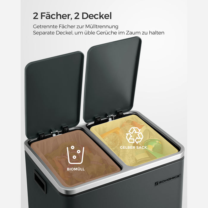 AUSLAUF SONGMICS | Kitchen Bin, 2 x 15 L Steel Rubbish Bin, Step Bin with Inner Buckets und Handles, Soft Closure, Odour Seal, Anthracite grau LTB30GS