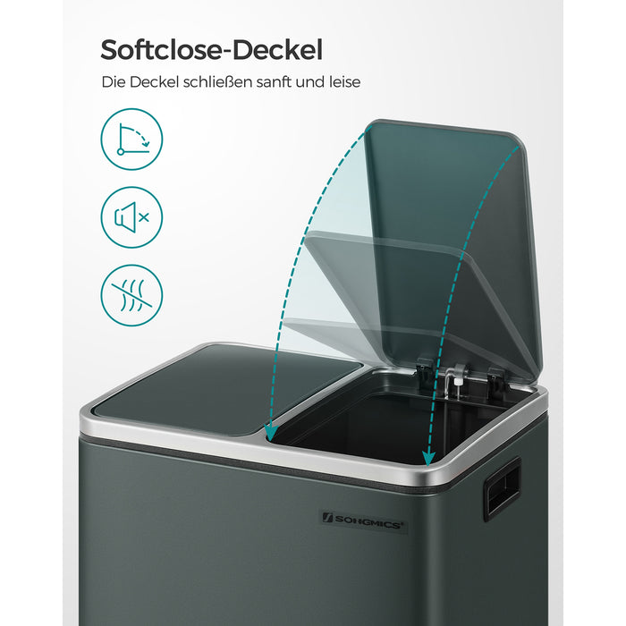 AUSLAUF SONGMICS | Kitchen Bin, 2 x 15 L Steel Rubbish Bin, Step Bin with Inner Buckets und Handles, Soft Closure, Odour Seal, Anthracite grau LTB30GS
