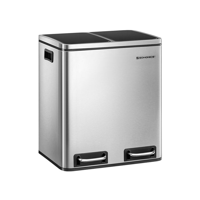 AUSLAUF SONGMICS | Recycling Bin, 2 x 15L Steel Rubbish Bin, Step Bin with Inner Bucket und Handles, for Kitchen, Soft Closure, Airtight, Silver und Black LTB30H