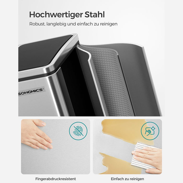 AUSLAUF SONGMICS | Recycling Bin, 2 x 15L Steel Rubbish Bin, Step Bin with Inner Bucket und Handles, for Kitchen, Soft Closure, Airtight, Silver und Black LTB30H