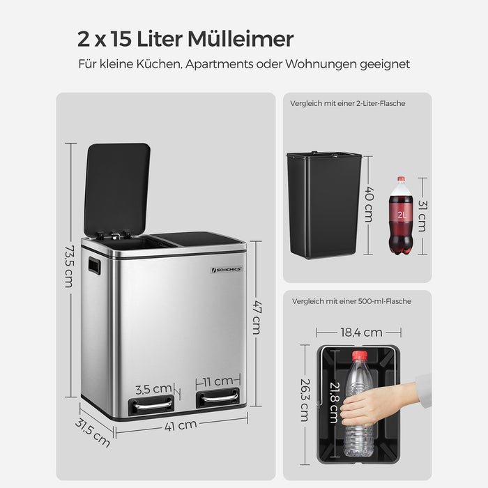 AUSLAUF SONGMICS | Recycling Bin, 2 x 15L Steel Rubbish Bin, Step Bin with Inner Bucket und Handles, for Kitchen, Soft Closure, Airtight, Silver und Black LTB30H