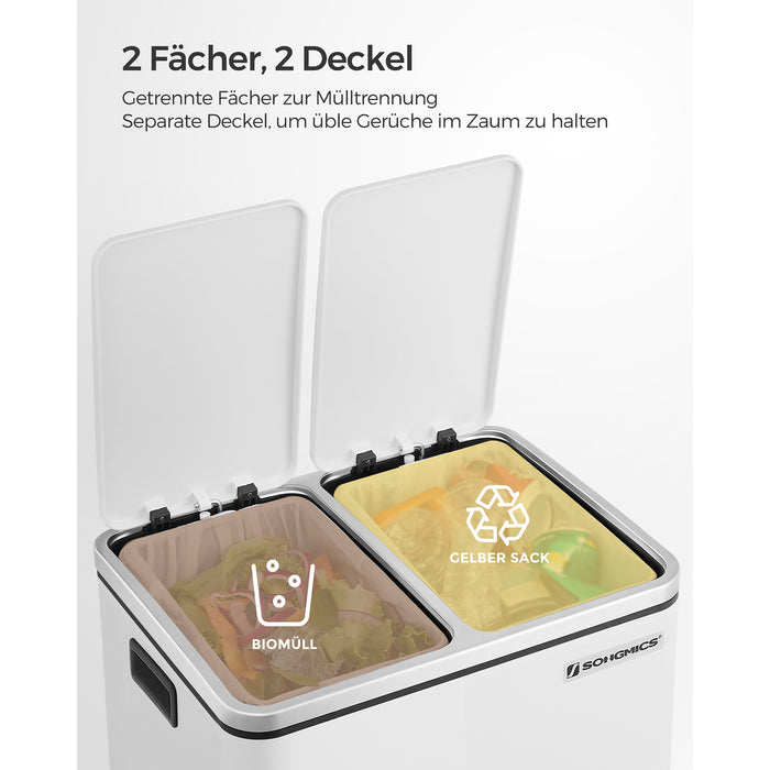 AUSLAUF SONGMICS | Kitchen Bin, 2 x 15 L Steel Rubbish Bin, Step Bin with Inner Buckets und Handles, Soft Closure, Odour Seal, weiß LTB30WT