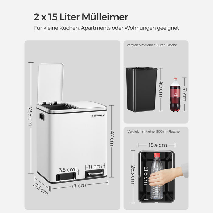 AUSLAUF SONGMICS | Kitchen Bin, 2 x 15 L Steel Rubbish Bin, Step Bin with Inner Buckets und Handles, Soft Closure, Odour Seal, weiß LTB30WT